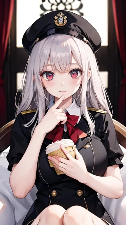 best quality　high resolution　one young pretty woman　red eyes　white hair  medium perm　cute soft girl　dragon girl cosplay　breastfeeding service　The medium breasts  with amazing charm　gasp　incest　Estrus face, (wearing uniform :1.5) ,smile 