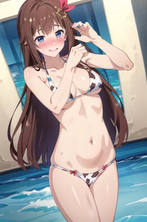 (masterpiece, 4K, highest quality, anime style: 1.9, Detailed face, Lovely, Bold Line, High resolution, anime, alone, Curvaceous, smile, Please open your mouth wide, Very slim belly, Cowboy Shot, Cow print bikini,tokino sora, Brown Hair, Long Hair, blue ey...