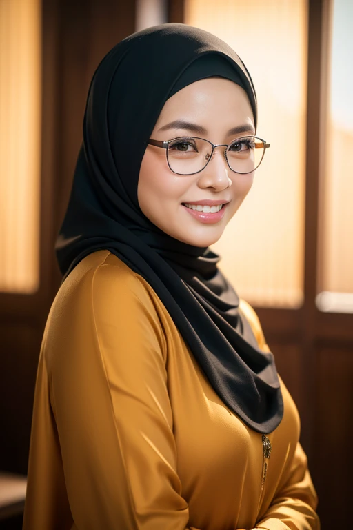 a gorgeous 42 year old Indonesian woman, 1girl, silk abaya, in hijab, eye glasses, smiling, shy, opened mouth, visible teeth, hot mom, full body portrait, (best quality,4k,8k,highres,masterpiece:1.2),ultra-detailed,(realistic,photorealistic,photo-realistic...