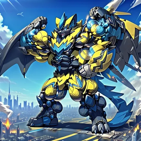 (dominating zeraora. zeraora is over 1000 meters long. giant mechanical muscular zeraora is trampling the city. looking down. ma...