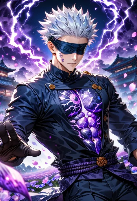 Ultra detailed, highres, absurdres, HDR, master piece, Gojo Satoru, white hair, blindfolded eyes, Jujutsu Kaisen, fantasy, petals, purple flowers, toned chest, black gloves, handsome, sexy man, solo, black clothes, magic, purple fireflies, purple moon, bes...