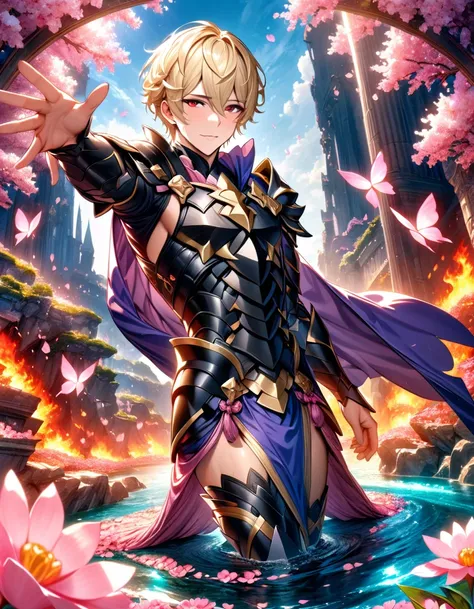 absurdres, highres, ultra detailed, HDR, master piece, best quality, Leo, blonde hair, short hair, expressive red eyes, fire emblem fates, solo, sexy man, handsome, purple cape, black armor, water, pink butterflies, pink flowers, blossoms, fantasy