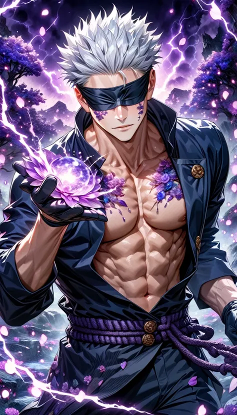 Ultra detailed, highres, absurdres, HDR, master piece, Gojo Satoru, white hair, blindfolded eyes, Jujutsu Kaisen, fantasy, petals, purple flowers, toned chest, black gloves, handsome, sexy man, solo, black clothes, magic, purple fireflies, purple moon, bes...