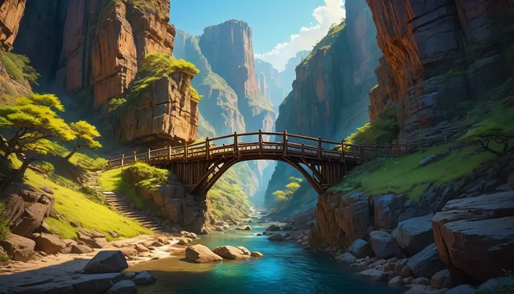 (anime, dark fantasy), (by Greg Rutkowski: 1.2), (masterpiece, best quality, high resolution, highly detailed, depth of filed, HDR:1.2), ((narrow wooden bridge between canyon, dangerous, rocky cliff)), fantastical landscapes, vibrant colors, majestic, ench...