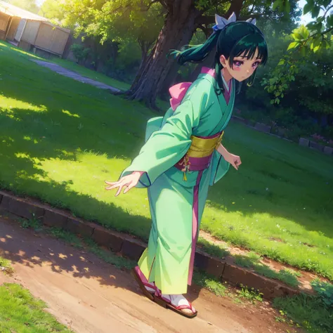 ((maomao　green kimono)))　((standing in the field　sunshine　blushing　dance))　(shining background　shining edge) high angle