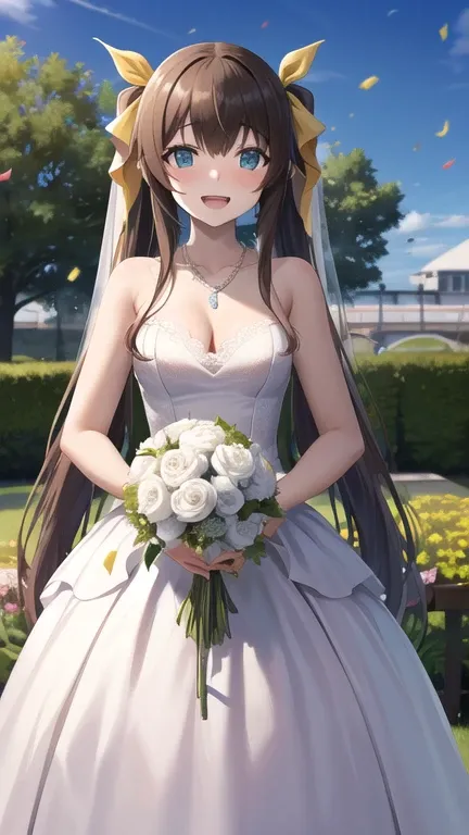 masterpiece, best quality, highres, Huang Lingyin, long hair, twintails, hair ribbon, small breasts, wedding dress, cleavage, necklace, white dress, garden, standing, holding bouquet, open mouth, smile, confetti,