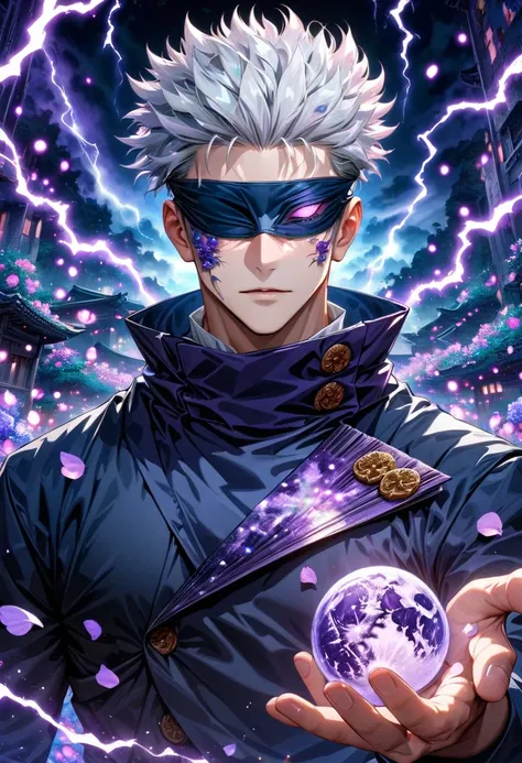 Ultra detailed, highres, absurdres, HDR, master piece, Gojo Satoru, white hair, blindfolded eyes, Jujutsu Kaisen, fantasy, petals, purple flowers, handsome, sexy man, solo, magic, purple fireflies, purple moon, best quality, extremely detailed face, purple...