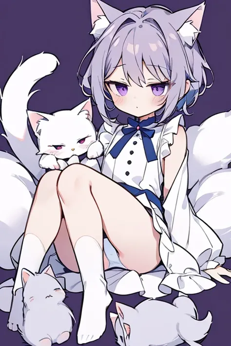 masterpiece, highest quality, Detailed background, cute panties、cute, small, Gray Hair, short hair, white fluffy cat tail, White cat ears, small size, whole body, Purple eyes, fluffy, fluff ears, alone, detailed, girl, cutetech, pastel colour, cute, cute c...