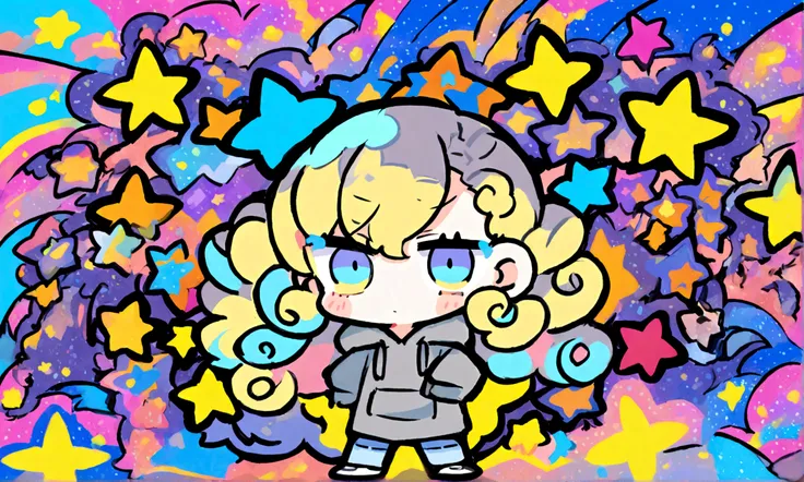 a cute chibi style adult female with blonde curly hair, wearing a grey hoodie and jeans, has a very colorful star laden backround with mutiple blue shades of hombre colors