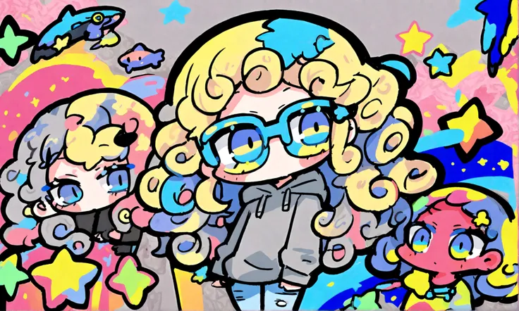 a cute chibi style adult female with blonde curly hair, wearing a grey hoodie and jeans, wearing glasses, has a very colorful star laden backround with mutiple blue shades of hombre colors