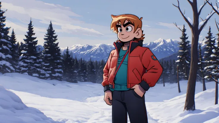 a boy scott pilgrim orange hair shirt jacket thick eyebrows canada a man standing in the snow looking at the camera smiling full...