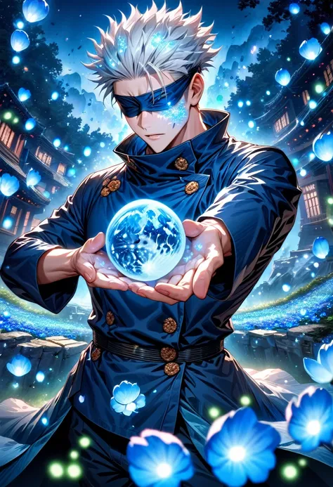 Ultra detailed, highres, absurdres, HDR, master piece, Gojo Satoru, white hair, blindfolded eyes, Jujutsu Kaisen, fantasy, petals, blue shining flowers, handsome, sexy man, solo, magic, blue fireflies, blue moon, best quality, extremely detailed face, blue...