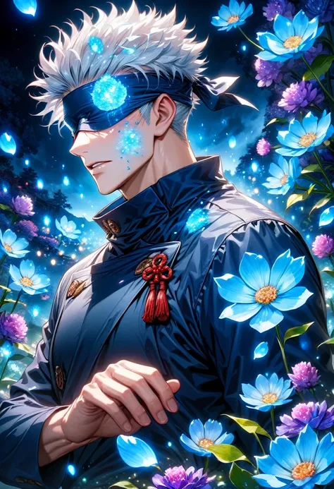 Ultra detailed, highres, absurdres, HDR, master piece, Gojo Satoru, white hair, blindfolded eyes, Jujutsu Kaisen, fantasy, petals, blue shining flowers, handsome, sexy man, solo, magic, blue fireflies, blue moon, best quality, extremely detailed face, blue...