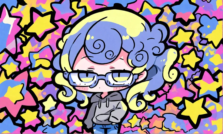 a cute chibi style adult female with blonde curly hair, wearing a grey hoodie and jeans, wearing glasses, has a very colorful star laden backround with mutiple blue shades of hombre colors