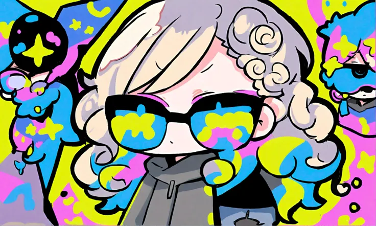 a cute chibi style adult female with blonde curly hair, wearing a grey hoodie and jeans, wearing glasses, has a very colorful star laden backround with mutiple blue shades of hombre colors