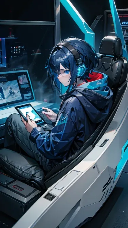 Man, dark blue hair,wear gaming headphones , wearing a dark blue hoodie, hold your phone and play games.