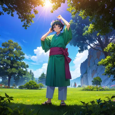 ((maomao　green kimono)))　((standing in the field　sunshine　blushing　dance))　(shining background　shining edge) high angle