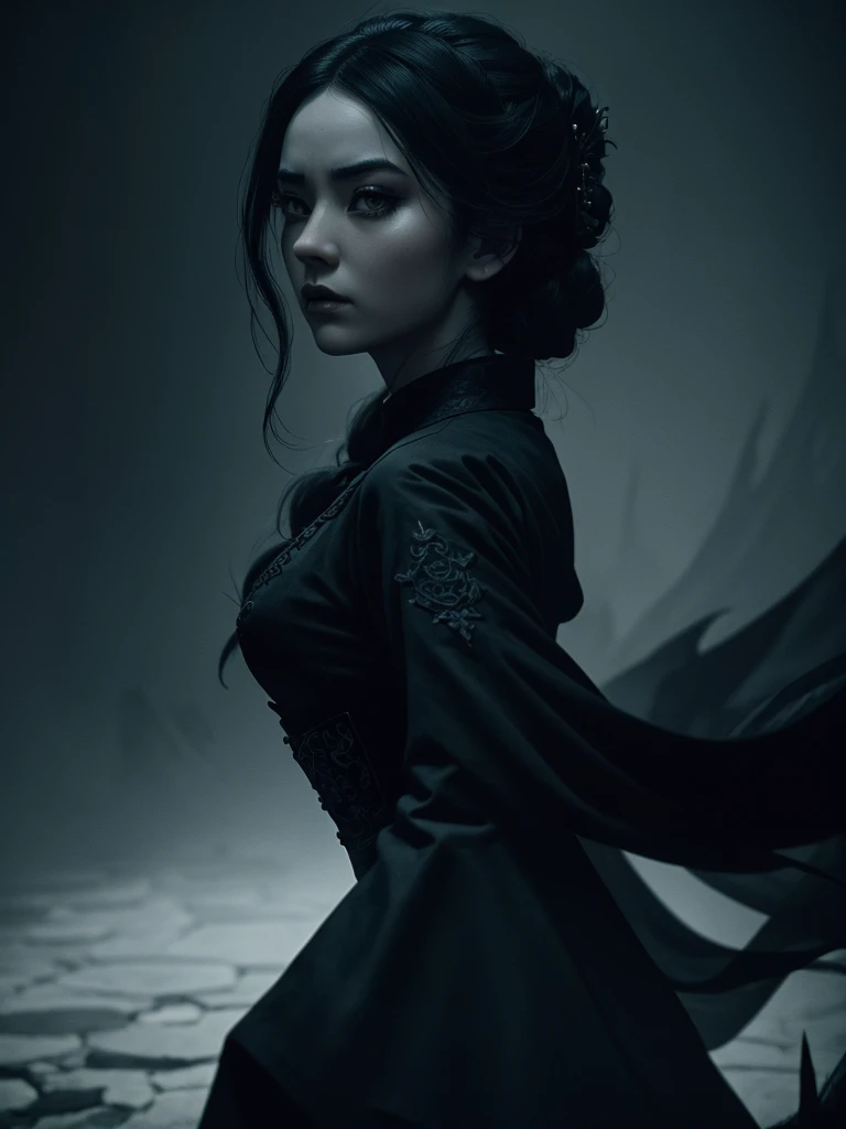 1 girl,mulan,tim burton style,highly detailed,cinematic lighting,dramatic shadows,dark fantasy,desaturated color palette,moody atmosphere,victorian fashion,gothic architecture,surreal elements,intricate details,dynamic composition,masterpiece