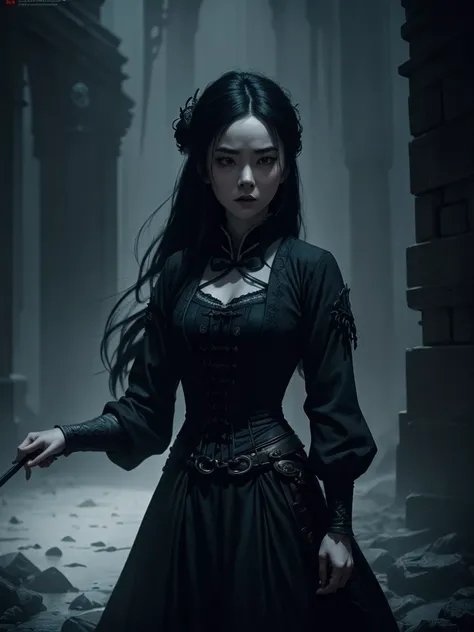 1 girl,mulan,tim burton style,highly detailed,cinematic lighting,dramatic shadows,dark fantasy,desaturated color palette,moody atmosphere,victorian fashion,gothic architecture,surreal elements,intricate details,dynamic composition,masterpiece