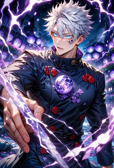 Ultra detailed, highres, absurdres, HDR, master piece, Gojo Satoru, white hair with bangs, expressive blue eyes, white eyelashes, hair between the eyes, Jujutsu Kaisen, fantasy, petals, purple flowers, handsome, sexy man, solo, magic, purple fireflies, pur...