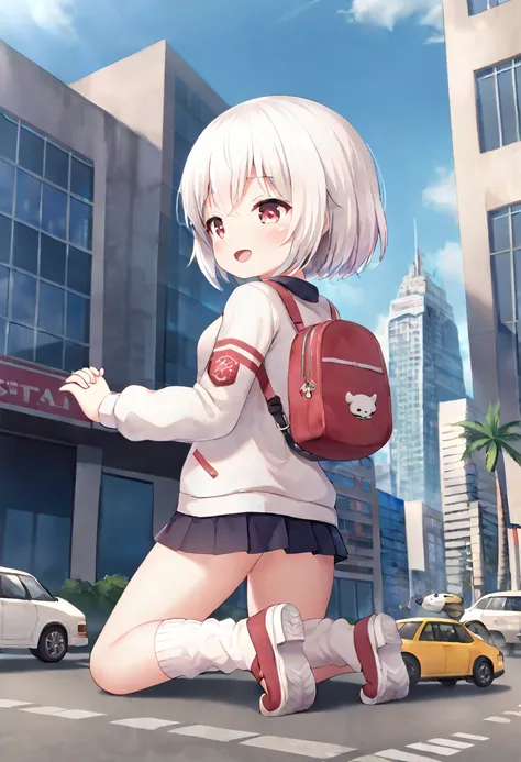 huge，Teenage girl，white hair，short skirt，teasing，A giant girl taller than a building，Wearing white knee socks，city-destroying，miniature city，Kneeling in the city，holding hands，There is a little person in the palm of my hand，There are many miniature cars ar...