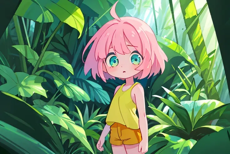 High resolution,high quality,Perfect body,Perfect Face,Perfect Fingers,Beautiful Skin,1girl,solo,In the dense jungle,Pink Hair,Medium Hair,Light blue sleeveless,Yellow shorts,Show the whole body,Anxious expression