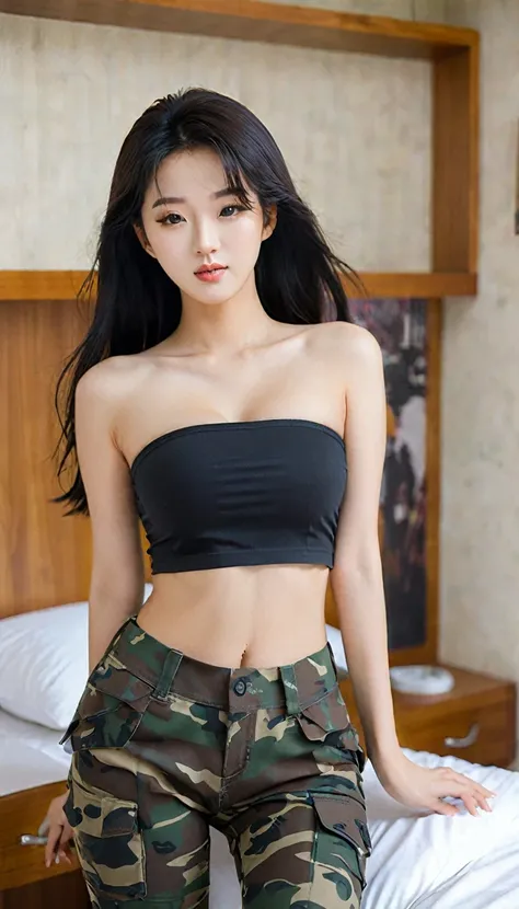 close-up of beautiful Korean female, An Yujin is a IVE korean pop girl group, long hair, black hair, straight hair, thick flat bangs cut, 34 inches breasts size, wearing tight camouflage strapless tube top, wearing tight camouflage very short pants, sexy p...