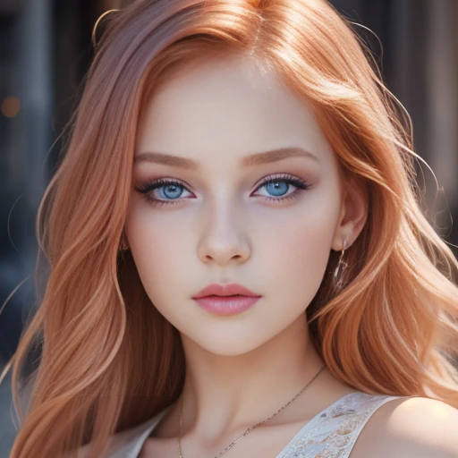 (best quality, 4k, Masterpiece, ultra detailed, hyperrealism, RAW quality), the face of the most beautiful young girl, the most beautiful face ever created, princess with purple eyes, detailed pupil, perfect skin, orange hair, RAW quality,