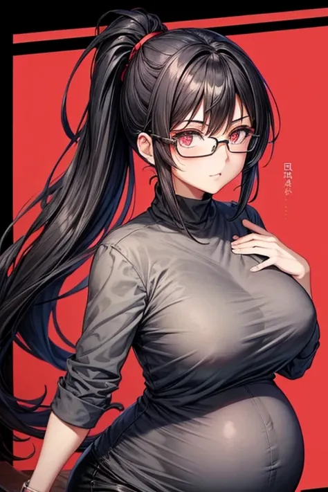 Grey blouse, pregnant anime girl, black hair,crimson eyes, black glasses, pony tail, in labour