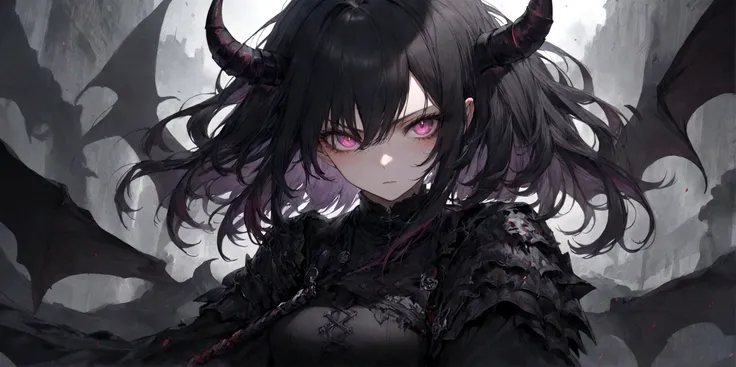 demon girl, close up, black heavy detailed clothes, art, dark and malevolent,armor, powerful and intimidating, (masterpiece, best quality, ultra-detailed, best shadow), (detailed background, dark fantasy) dramatic light, intricate details, dark and malevol...