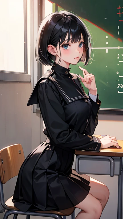 Bobcut、Black-haired 、In uniform、School classroom、Talking to someone、Pouting、classmate、Daytime