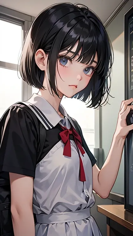 Bobcut、Black-haired 、In uniform、School classroom、Talking to someone、Pouting、classmate、Daytime、