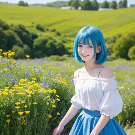 「Teenage girl with blue hair、He has heterochromatic eyes, with a bright green right eye and a vibrant blue left eye.。hair should be shoulder-length、A style where the bangs are slightly over the forehead。Wearing a white blouse and a blue skirt。The backgroun...