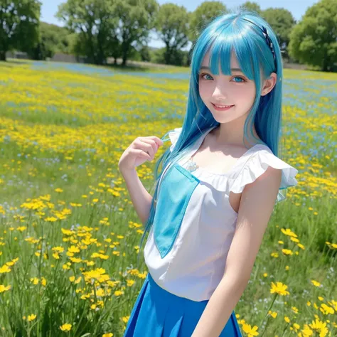 「Teenage girl with blue hair、He has heterochromatic eyes, with a bright green right eye and a vibrant blue left eye.。hair should be shoulder-length、A style where the bangs are slightly over the forehead。Wearing a white blouse and a blue skirt。The backgroun...