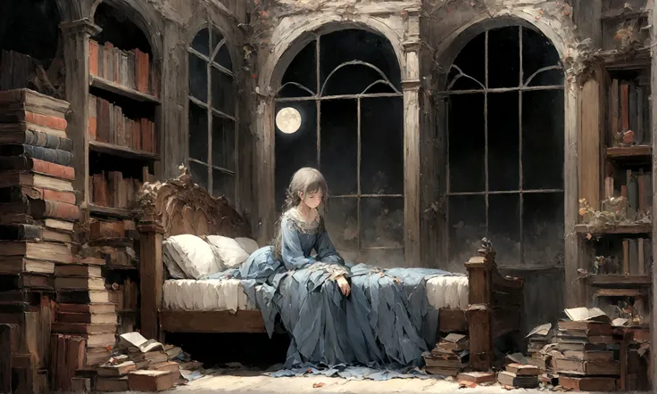 a sad female wearing a blue dress, silently crying on her bed though accepting it, in front of a moonlit window surrounded by books