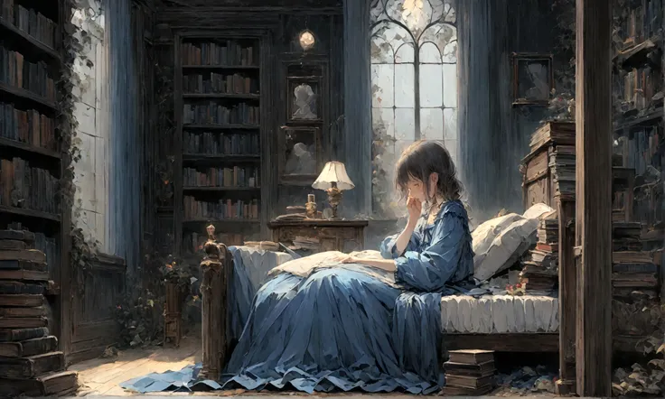 a sad female wearing a blue dress, silently crying on her bed though accepting it, in front of a moonlit window surrounded by books