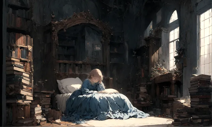 a sad female wearing a blue dress, silently crying on her bed though accepting it, in front of a moonlit window surrounded by books