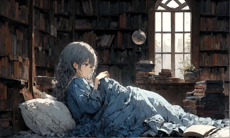 a sad female wearing a blue dress, silently crying on her bed though accepting it, in front of a moonlit window surrounded by books