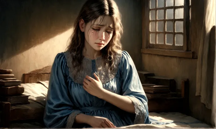 A sad woman in a blue dress, silently crying on her bed, accepting her sorrow, moonlit window with books around her, highly detailed, cinematic lighting, emotive, melancholic, photorealistic, 8k, realistic tears, dramatic shadows, depth of field