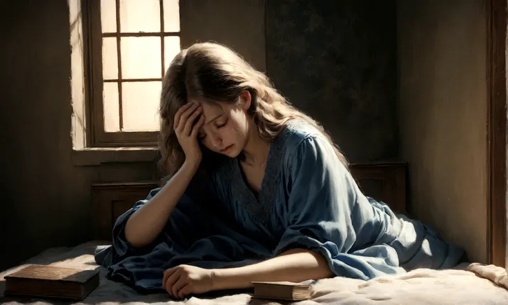 A sad woman in a blue dress, silently crying on her bed, accepting her sorrow, moonlit window with books around her, highly detailed, cinematic lighting, emotive, melancholic, photorealistic, 8k, realistic tears, dramatic shadows, depth of field