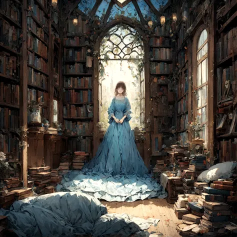 a sad female wearing a blue dress, silently crying on her bed though accepting it, in front of a moonlit window surrounded by books