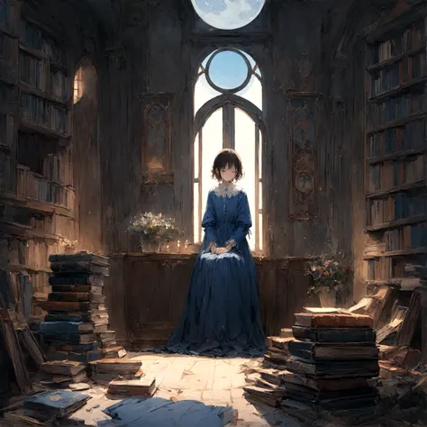 a sad female wearing a blue dress, silently crying on her bed though accepting it, in front of a moonlit window surrounded by books