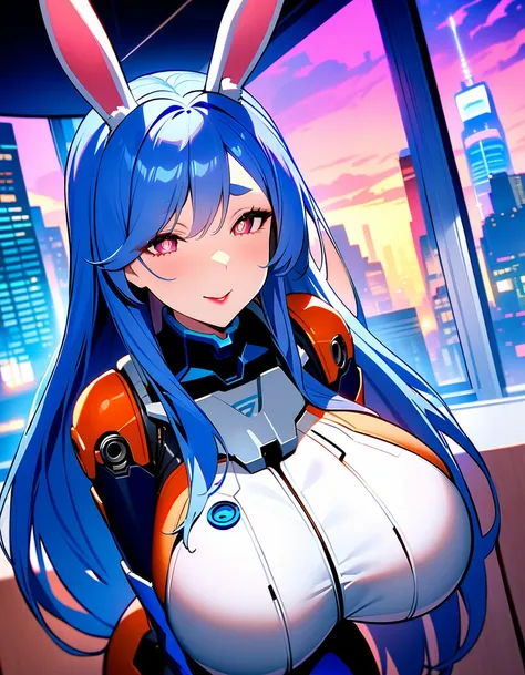 masterpiece, high quality, very detailed, one girl, mature woman, alone, bunny girl, pekomama, (huge breasts:1.5), ((((blue hair...