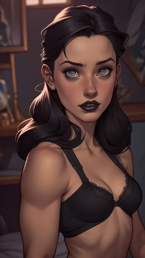 A closeup of a woman in a black top and a black bra, estilo de arte de charlie bowater, Estilo Charlie Bowater, retrato de vampiro, arte do personagem charlie bowater, Alena Aenami e Artgerm, Neoartcore e Charlie Bowater, Charlie Bowater cores ricas e prof...