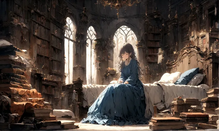 a sad female wearing a blue dress, silently crying on her bed though accepting it, in front of a moonlit window surrounded by books