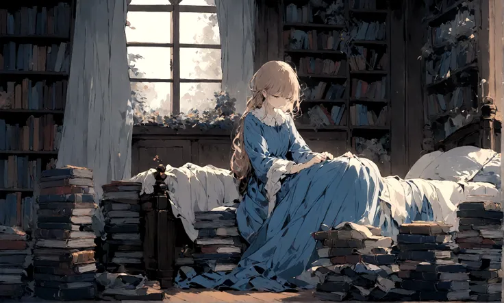 a sad female wearing a blue dress, silently crying on her bed though accepting it, in front of a moonlit window surrounded by books