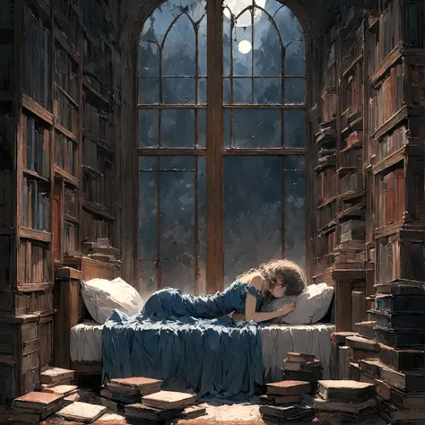 a sad female wearing a blue dress, silently crying on her bed though accepting it, in front of a moonlit window surrounded by books