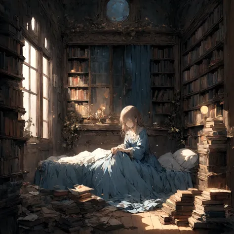 a sad female wearing a blue dress, silently crying on her bed though accepting it, in front of a moonlit window surrounded by books