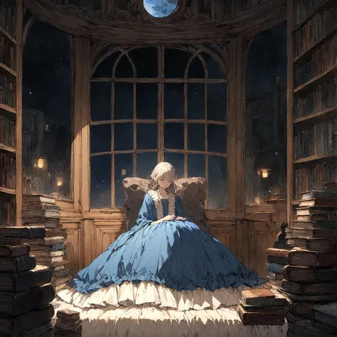 a sad female wearing a blue dress, silently crying on her bed though accepting it, in front of a moonlit window surrounded by books