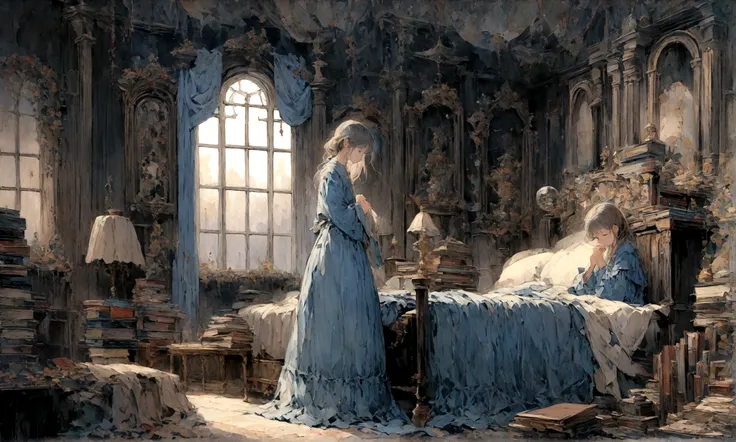 a sad female wearing a blue dress, silently crying on her bed though accepting it, in front of a moonlit window surrounded by books